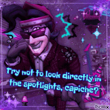 a picture of a man with a guitar and the words try not to look directly in the spotlights capiche