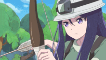 a girl with long purple hair is holding a bow and arrow in her hand