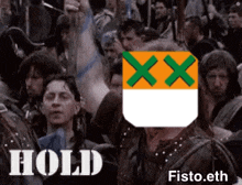 a group of people are gathered in a crowd and the word hold is on the bottom of the image