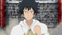 a black haired anime character with a white cape
