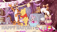 a cartoon of winnie the pooh , tigger , piglet , and eeyore celebrating easter