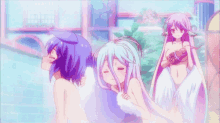 a group of anime girls are taking a bath in a hot tub