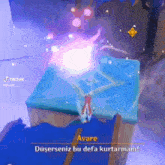 a video game character is standing on a blue table and says aware