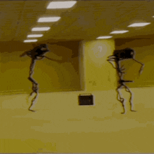 two skeletons are dancing in a room with a yellow wall .
