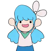 a cartoon girl with blue hair and a bow on her head