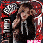 a girl in a suit and tie with bad girls written on the bottom
