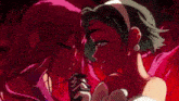 a couple of cartoon characters are kissing each other in a red background .