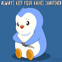 a penguin is holding a pair of scissors with the words always keep your knives sharpened above it
