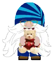 a gnome with a white beard and a blue hat holds a teddy bear