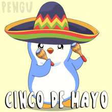 a penguin wearing a sombrero and holding maracas with the words cinco de mayo below it