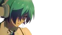 a girl with green hair is wearing headphones on her ears