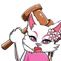 a cartoon drawing of a white cat with pink flowers in her hair holding a wooden hammer