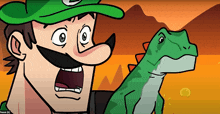 a cartoon of a man with a green hat and a dinosaur