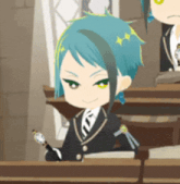 a boy with blue hair is sitting at a desk holding a pen
