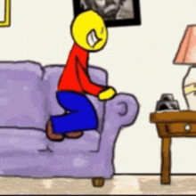 a cartoon of a man sitting on a purple couch