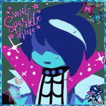 a picture of a cartoon character with the words smile sparkle shine written on it