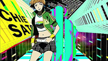 a girl in a crop top and shorts is standing in front of a sign that says chie sat