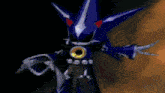 metal sonic from sonic the hedgehog is holding a pair of scissors in a dark room .