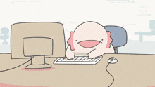 a cartoon of an axolotl sitting in front of a computer keyboard