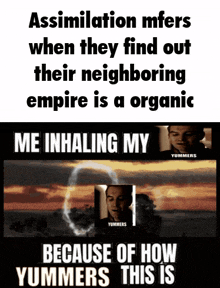 a poster that says assimilation mfers when they find out their neighboring empire is an organic