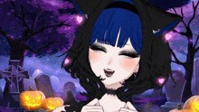 a girl with a cat ear on her head is in a cemetery with pumpkins