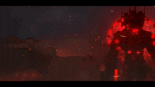 a robot with glowing red eyes is standing in the dark