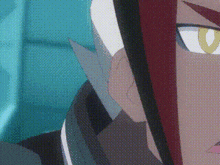 a close up of a cartoon character 's face with yellow eyes and red hair .