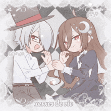 a drawing of a boy and a girl with the words xerxes de vic written below them
