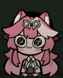 a cartoon drawing of a girl wearing glasses and pink hair