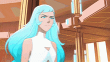 a woman with long blue hair is standing in front of a building