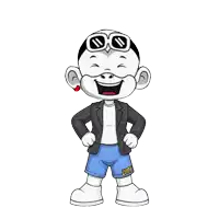 a cartoon character wearing a jacket and shorts with the word zhou on the side