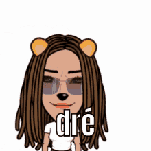 a cartoon of a woman with dreadlocks wearing sunglasses and holding a heart with the word dre written on it .