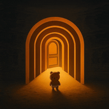 a teddy bear is standing in the middle of a dark tunnel