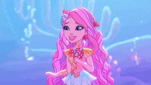 a cartoon of a girl with pink hair and a blue background