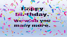 happy birthday we wish you many more written on a blue background surrounded by colorful confetti
