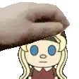 a hand is holding a cartoon girl 's head with blue eyes .