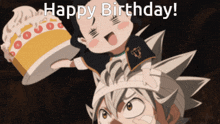 a cartoon character holding a cake with the words happy birthday written on it