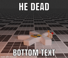 a cartoon character laying on the floor with the words he dead bottom text below it