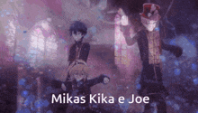 a group of anime characters are dancing in a dark room and the words mikas kika e joe are on the bottom