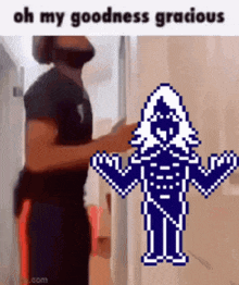 a man is standing next to a pixel art of a man with a beard .