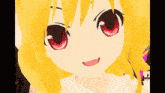 a cartoon girl with yellow hair and red eyes is smiling