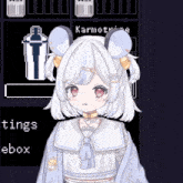 a girl with white hair and red eyes is standing in front of a sign that says " settings "