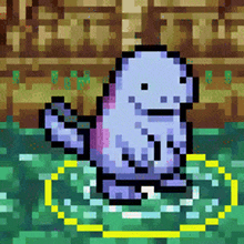 a pixel art drawing of a frog in the water with a yellow circle around it