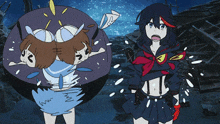 a girl in a school uniform is standing next to a girl in a circle