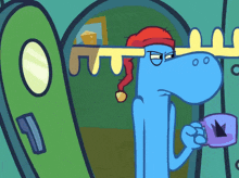 a cartoon moose wearing a santa hat and holding a cup of coffee