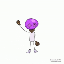 a cartoon character with a purple head , glasses , and gloves .