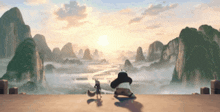 a panda bear and a fox are standing on top of a cliff looking at the sunset .