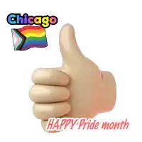 a hand giving a thumbs up with the words chicago happy pride month
