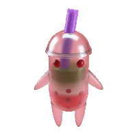 a pink cup with a purple straw and red eyes