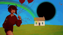 a cartoon character is holding balloons in front of a house and a black hole .